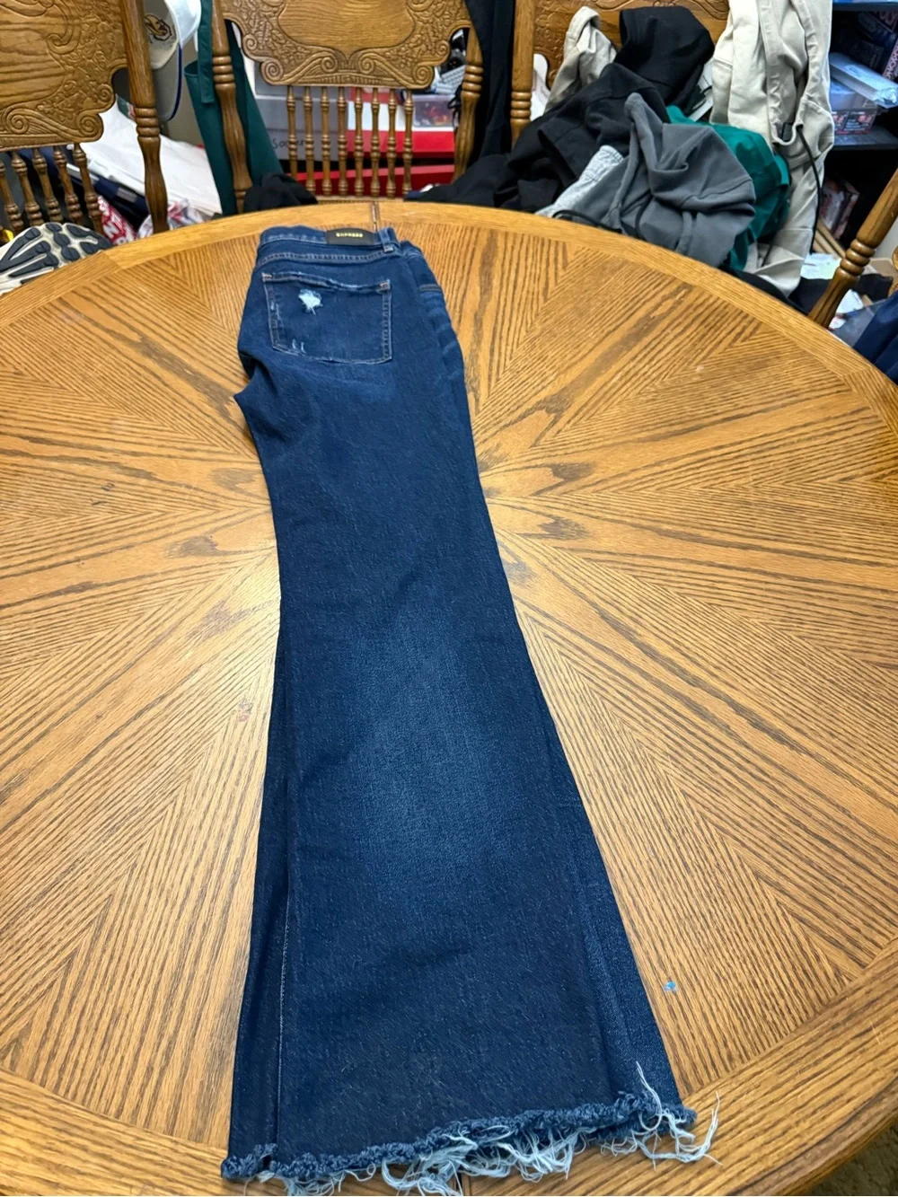 Express Dark Blue Flared Jeans with Raw Hem